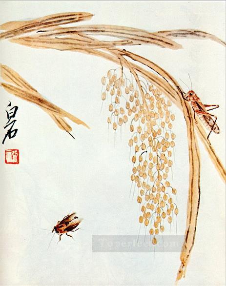 Qi Baishi 泡立て器米とバッタの古い中国の墨油絵